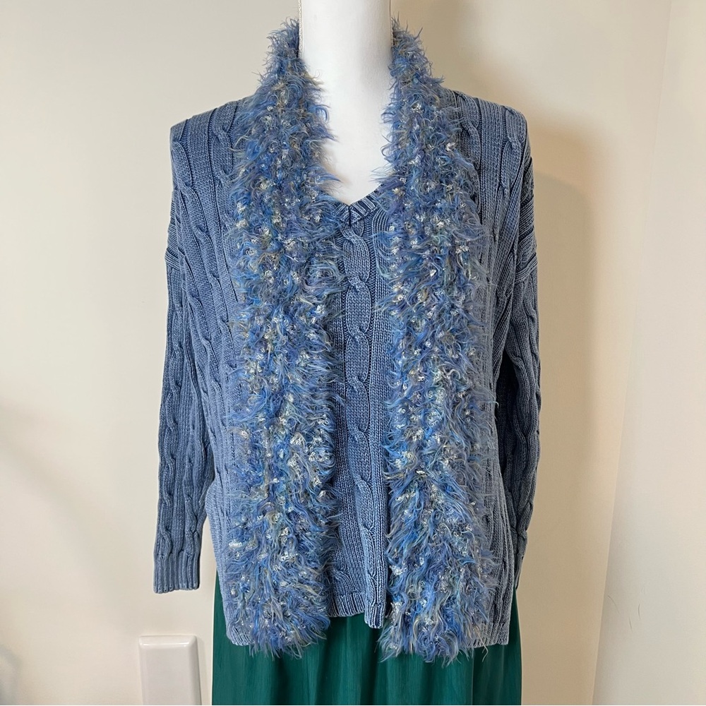 Handmade Y2K / Boho Skinny Fuzzy Crochet Scarf — Cornflower‎ Blue 💙✨